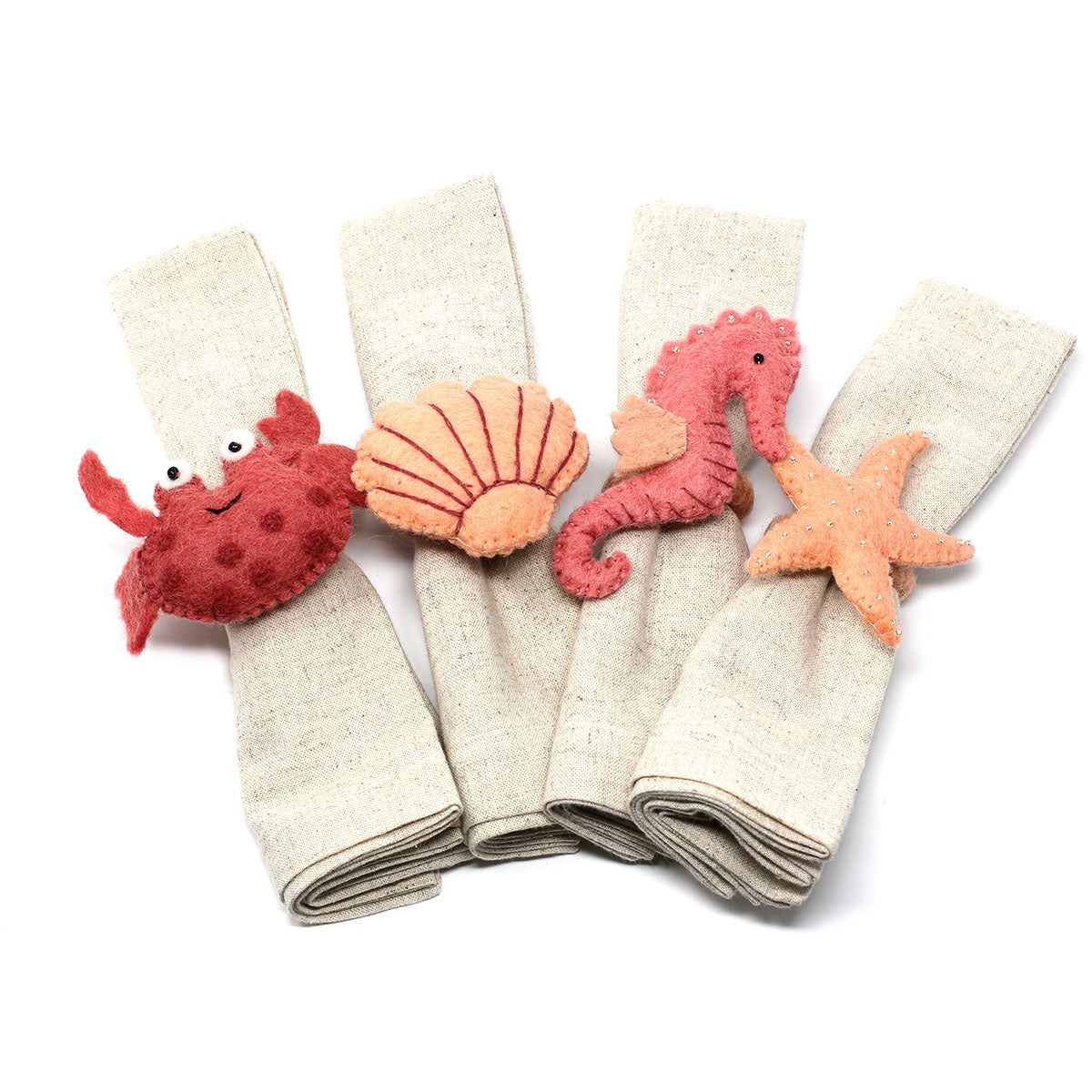 Hand-felted Seashore Napkin Rings- Set of Four Sea Creature Designs - Global Groove