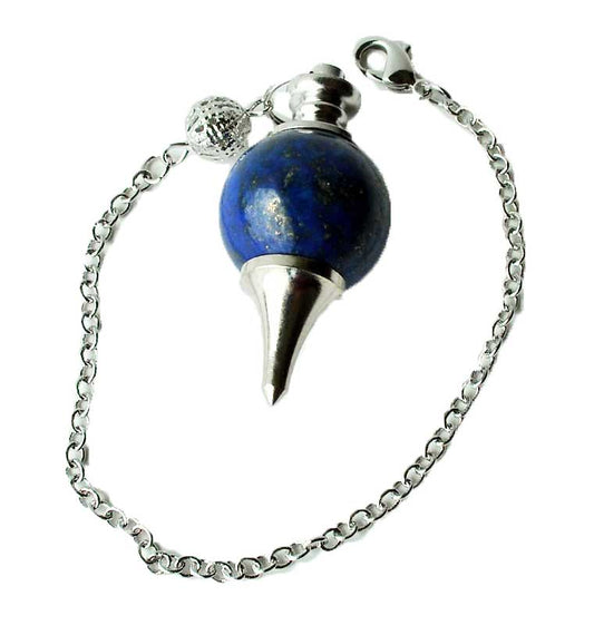 Round Lapis Lazuli Ball Pendulum on a silver chain with clasp so that it can double as a bracelet