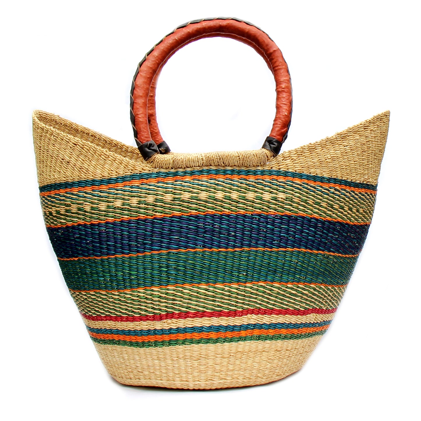 Handwoven Bolga Tote- Mixed Colors With Leather Handle 18"