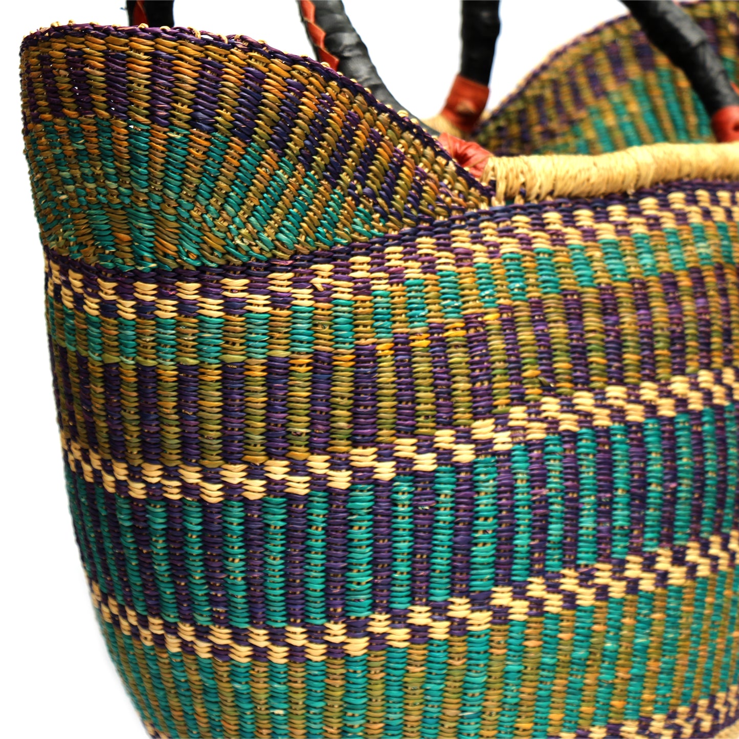 Handwoven Bolga Tote- Mixed Colors With Leather Handle 18"