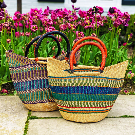 Handwoven Bolga Tote- Mixed Colors With Leather Handle 18"