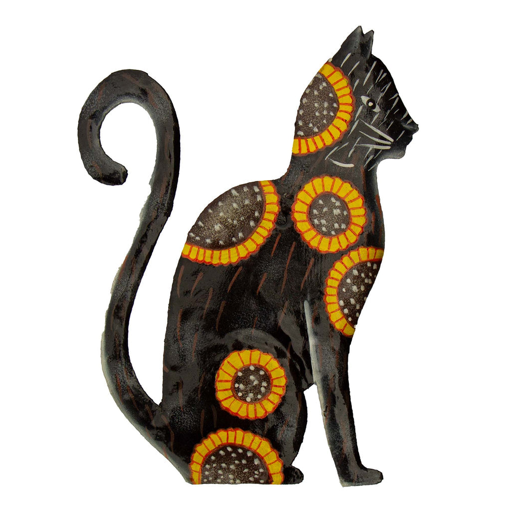 Sitting cat wall art hand-painted with sunflowers. Made from recycled metal oil drums and fair trade imported from Haiti.