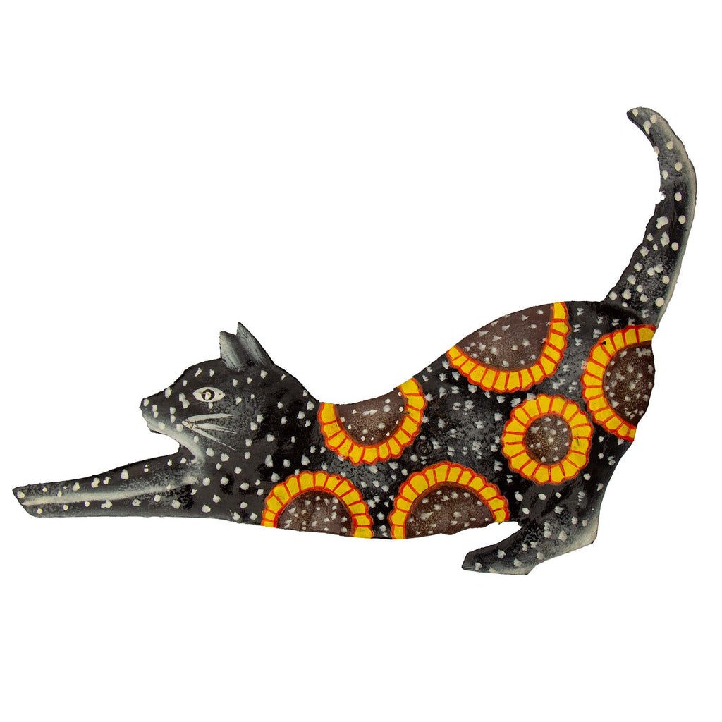 stretching cat made from recycled metal and hand-painted with sunflowers. Fair trade from Haiti.