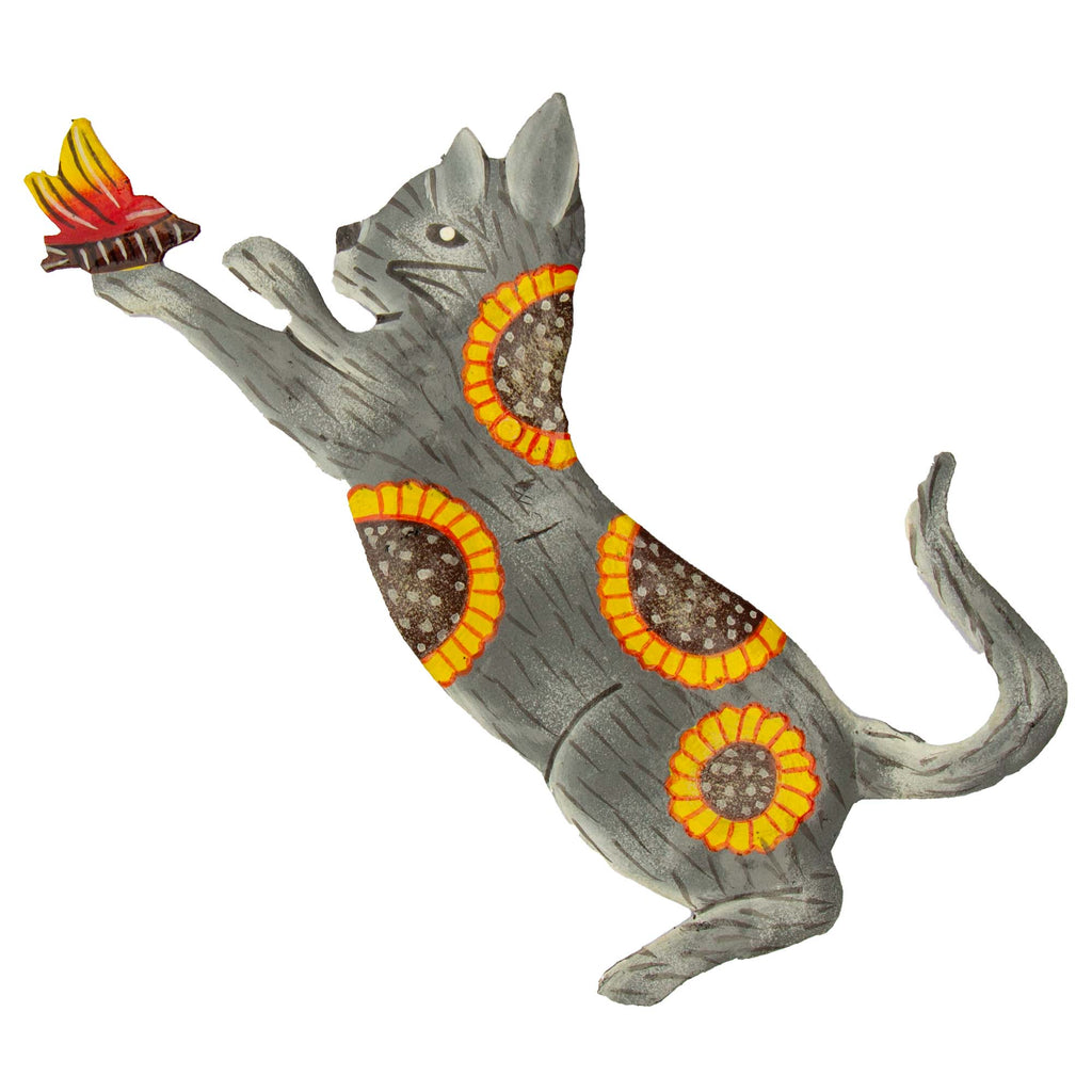 playful cat with butterfly metal wall art. Handmade in Haiti from recycled metal oil drums. Fair trade product.