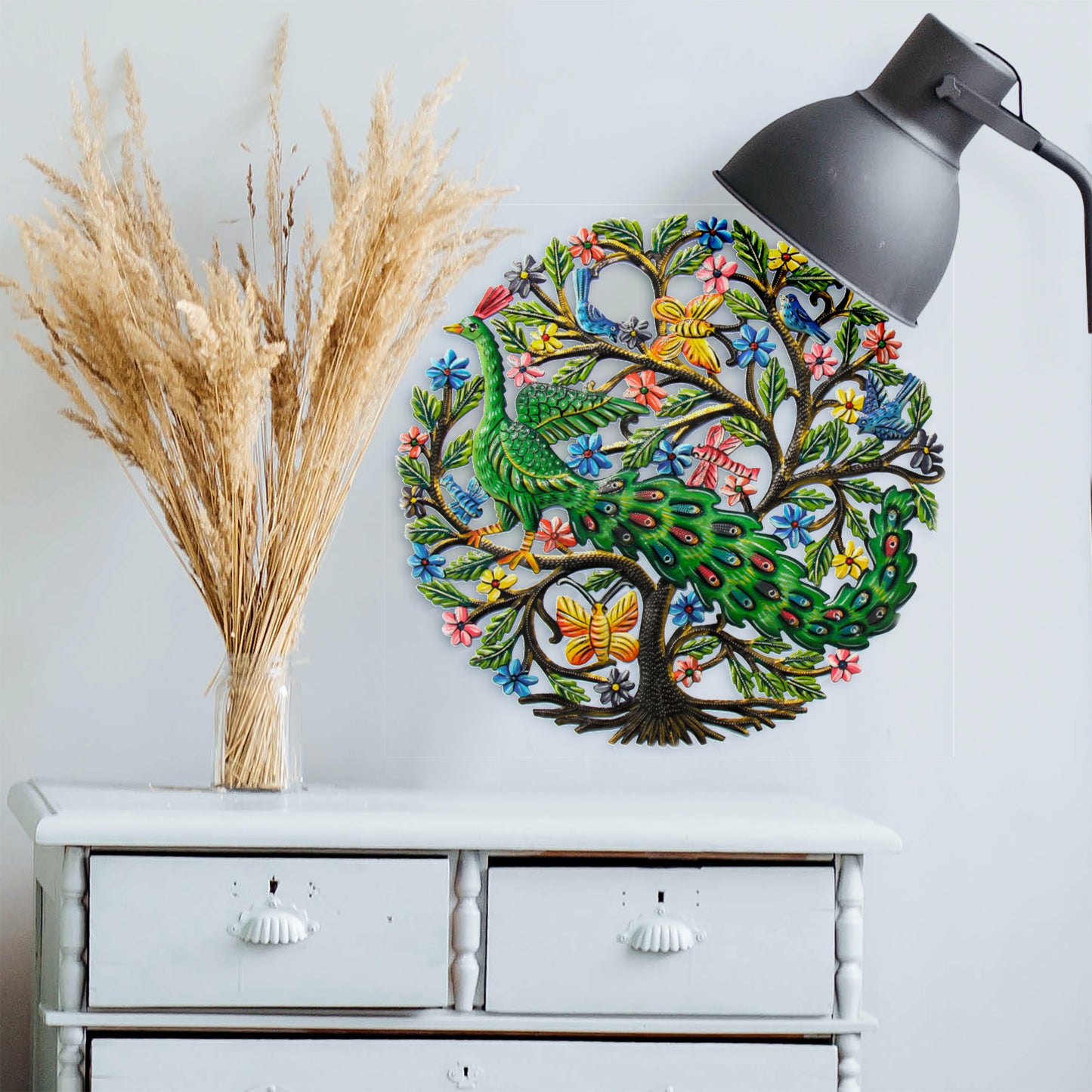 Peacock in Tree Metal Drum Wall Art- Haiti