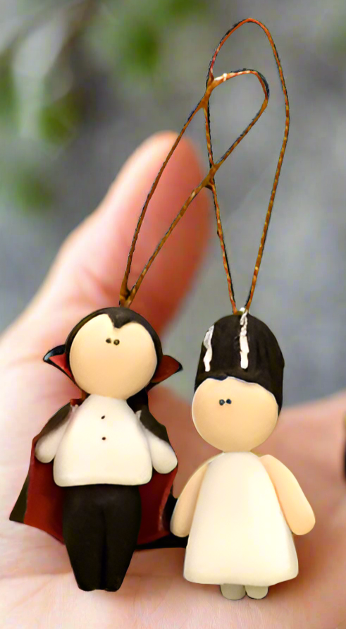 handmade mini marzipan Halloween ornaments. Dracula and Frankenstein's bride mini ornaments.