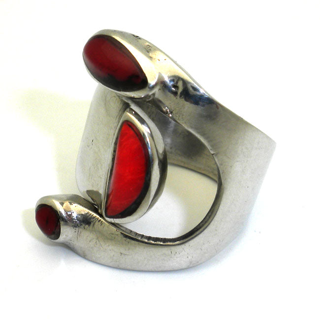 Wide Red Jasper and Alpaca Silver Ring - Size 8