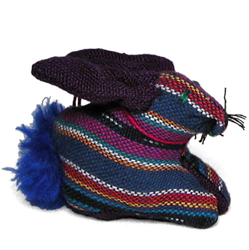 blue striped handwoven rabbit ornament made by women artisans in Guatemala