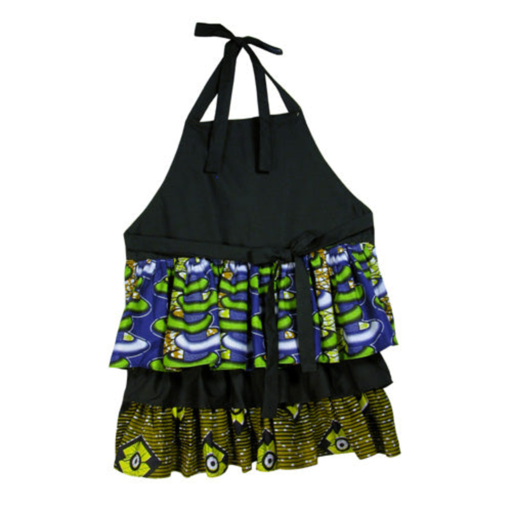 handmade ruffle solid and print kitchen aprons made using recycled print fabrics that otherwise would be discarded into landfills. Fair Trade product handcrafted in Mali.