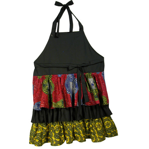 handmade ruffle solid and print kitchen aprons made using recycled print fabrics that otherwise would be discarded into landfills.