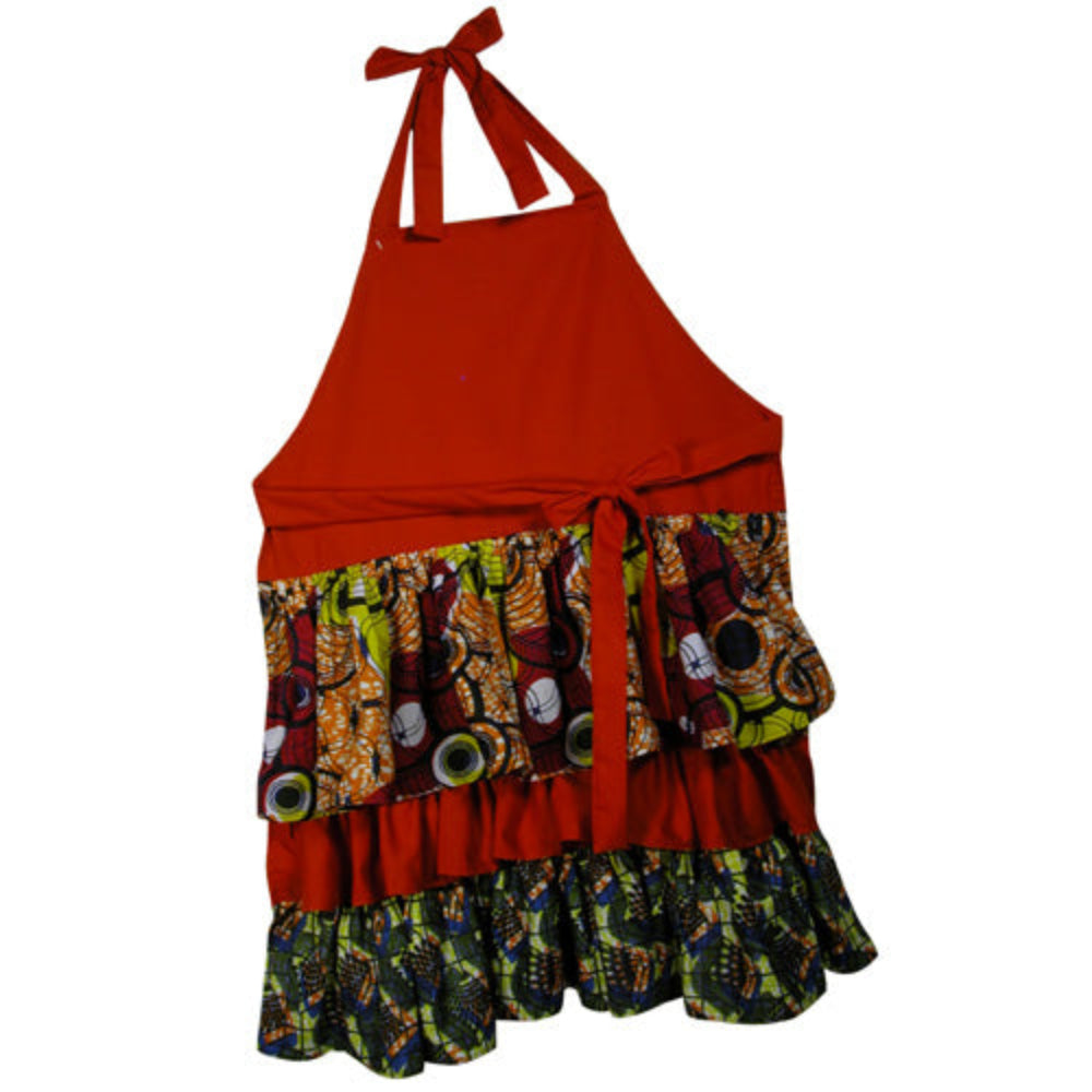 handmade ruffle solid and print kitchen aprons made using recycled print fabrics that otherwise would be discarded into landfills.