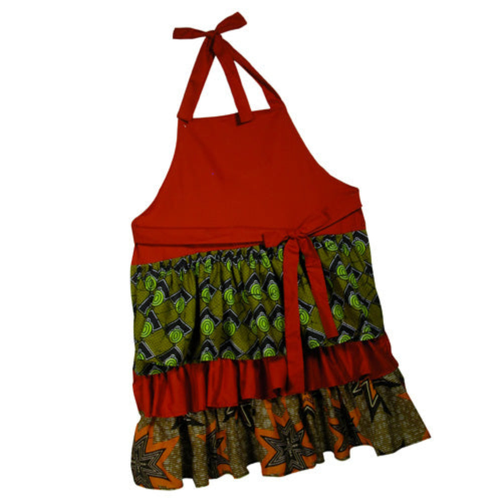 handmade ruffle solid and print kitchen aprons made using recycled print fabrics that otherwise would be discarded into landfills.