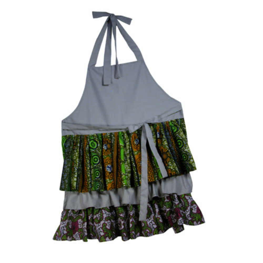 handmade ruffle solid and print kitchen aprons made using recycled print fabrics that otherwise would be discarded into landfills.