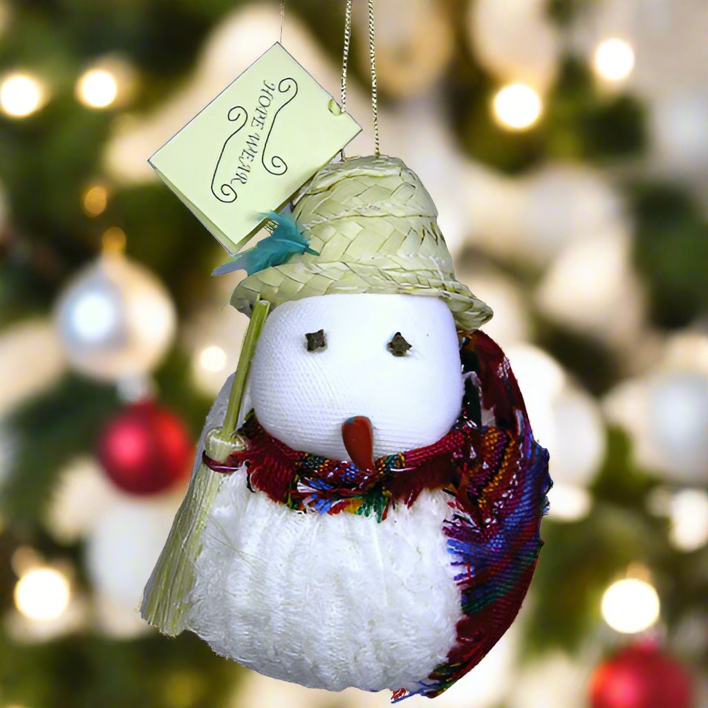 handmade snowman ornament made of reclaimed cotton, fair trade, Guatemala