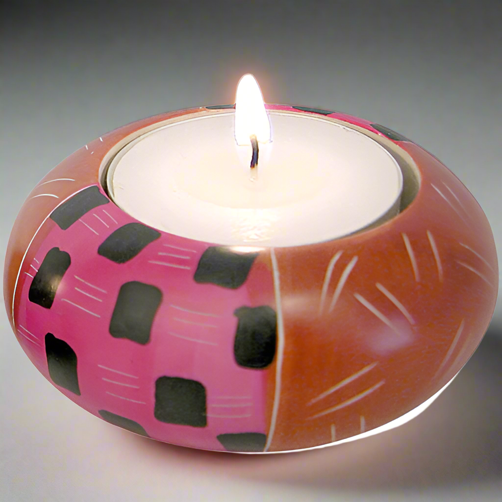 Hand-painted Tribal Soapstone Tealight Candle Holder- Fair Trade-Kenya