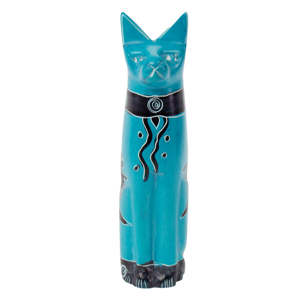 Hand-Carved Soapstone Sitting Cat-Turquoise-Fair Trade-Kenya