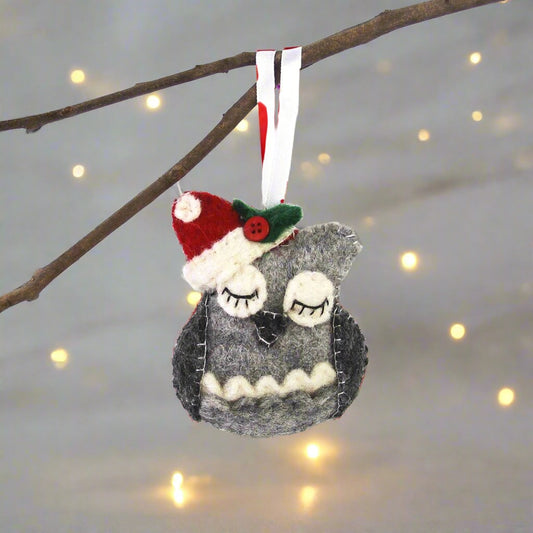 Sleeping Owl-Hand Felted Christmas Ornament - Fair Trade Ornaments-Nepal