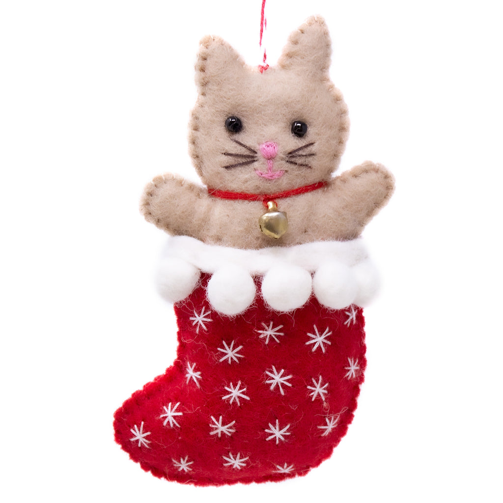 Handmade Felt Ornament-Kitty Cat in a Red Stocking -Nepal- Fair Trade