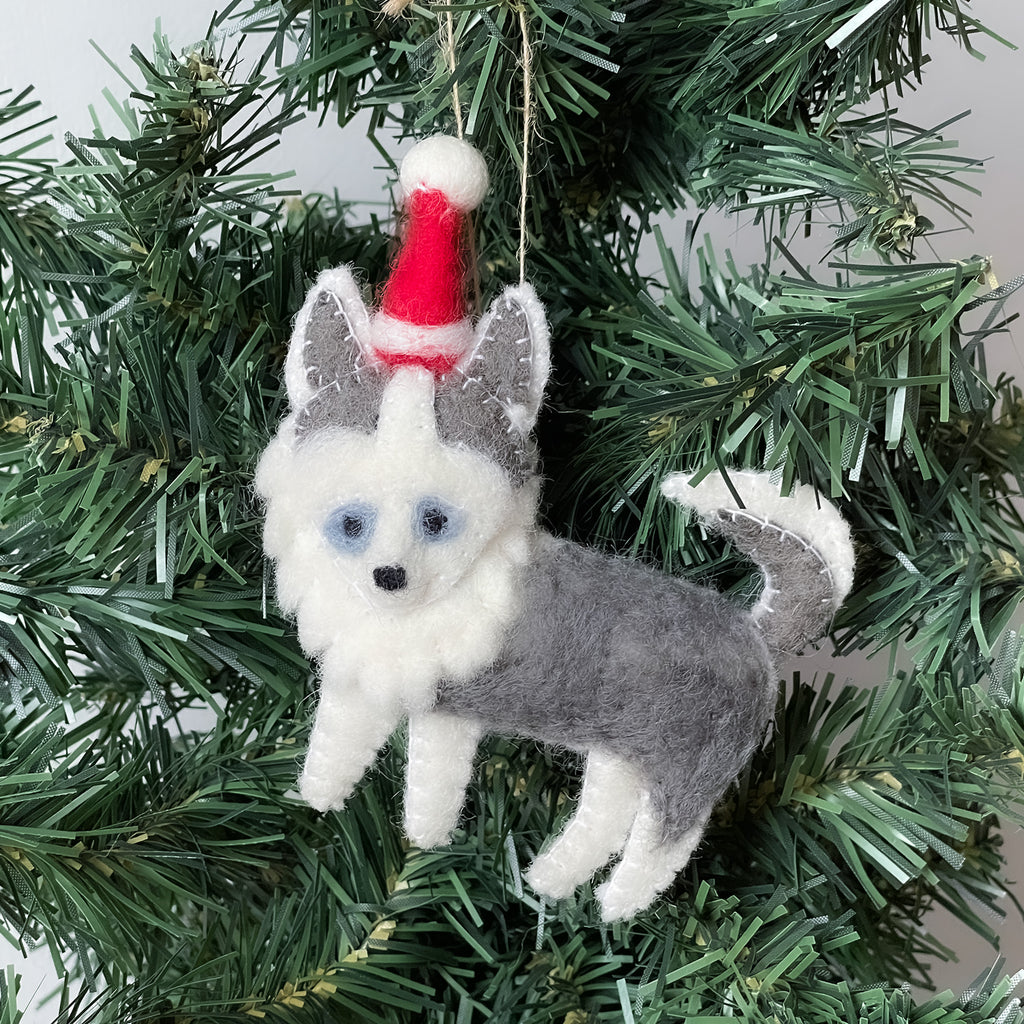 Set of 2 Handmade Felt Ornaments- Husky In A Santa Hat- Nepal