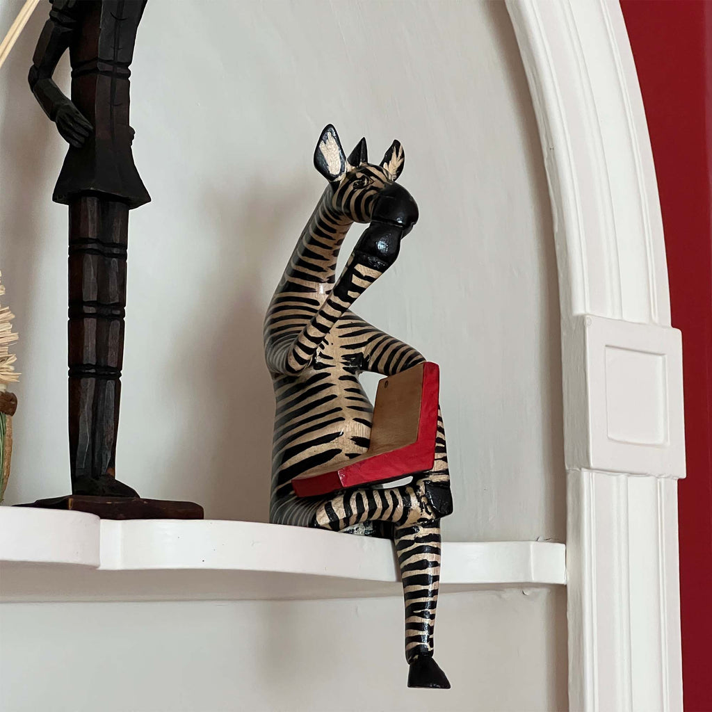 Shelf Sitter-Thinking Zebra-Hand-Carved Jacaranda Wood Sculpture - Kenya