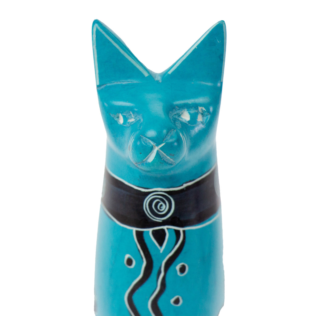 Hand-Carved Soapstone Sitting Cat-Turquoise-Fair Trade-Kenya