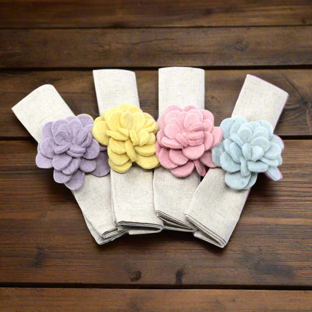 Hand-felted Zinnia Napkin Rings, Set of Four Colors - Fair Trade- Global Groove