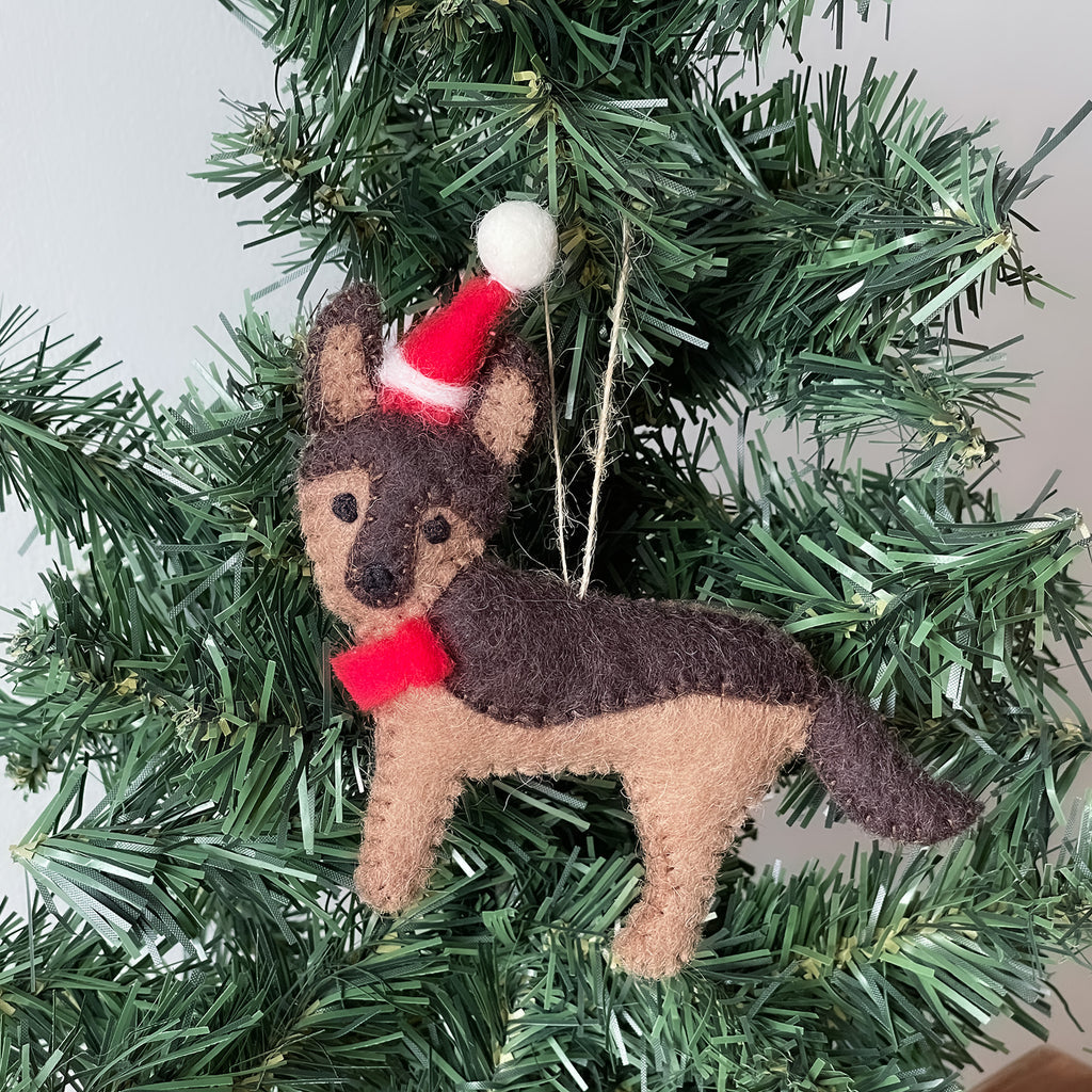 Set of 2 Handmade Felt Ornaments- German Shepherd Santa - Nepal