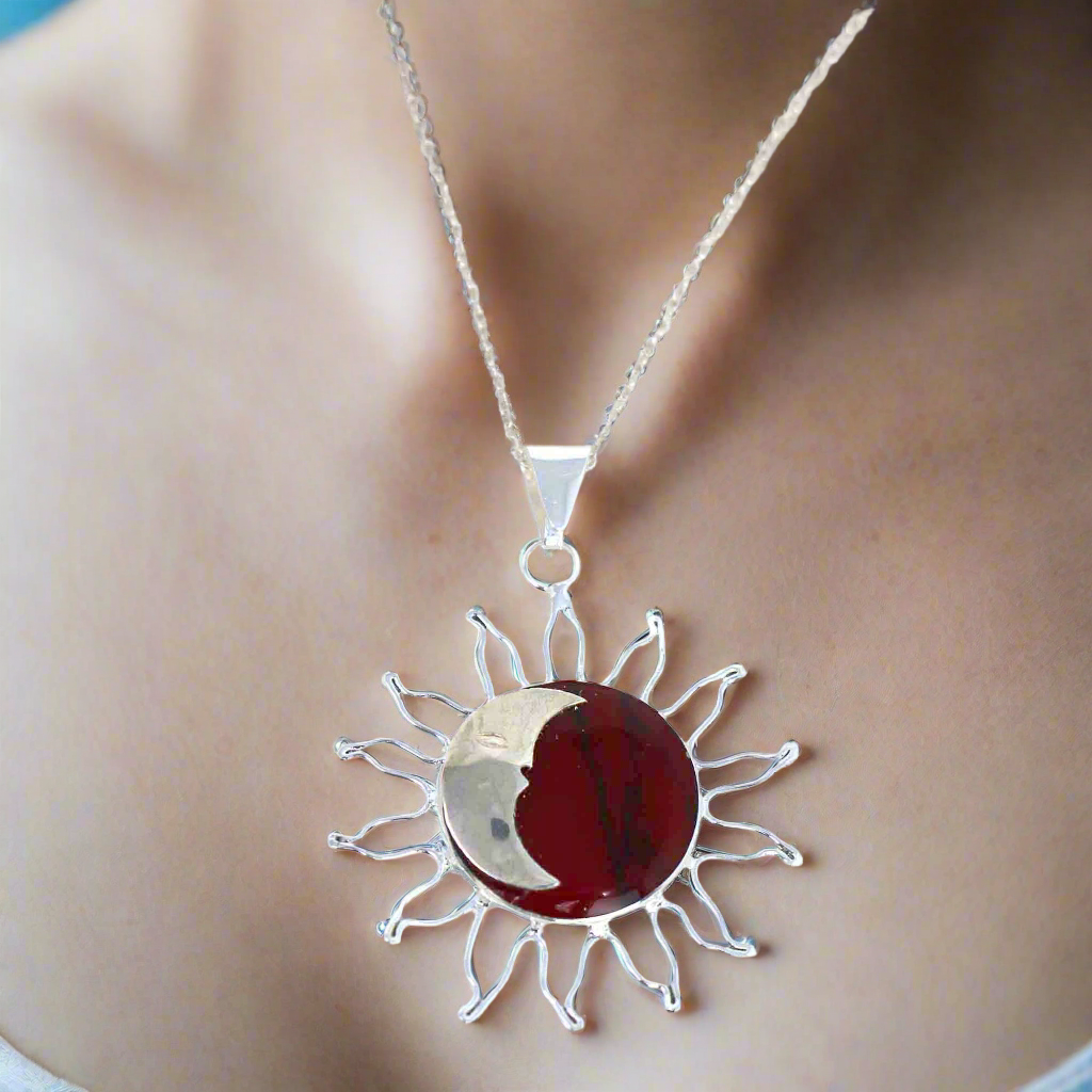 Red Jasper Moon and Silver Sun Pendant with Silver Chain- Fair Trade-Mexico