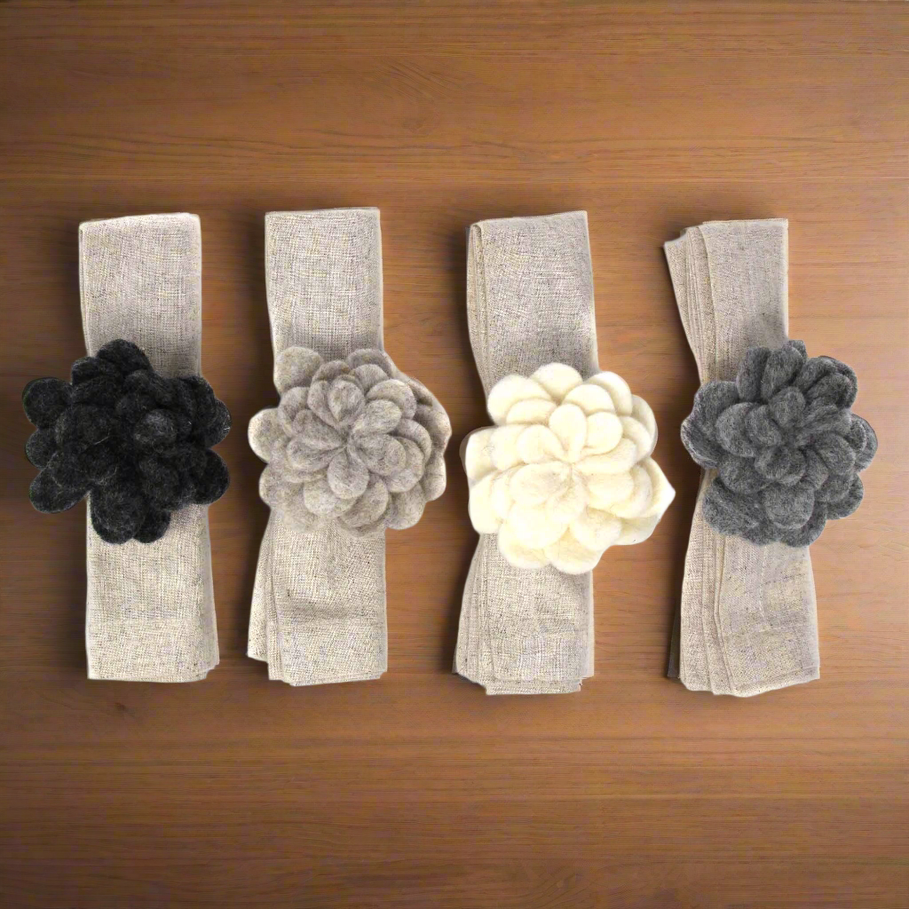 Set of 4 Napkin Rings-Hand Crafted Felt: Assorted Neutral Colors Zinnias-Nepal