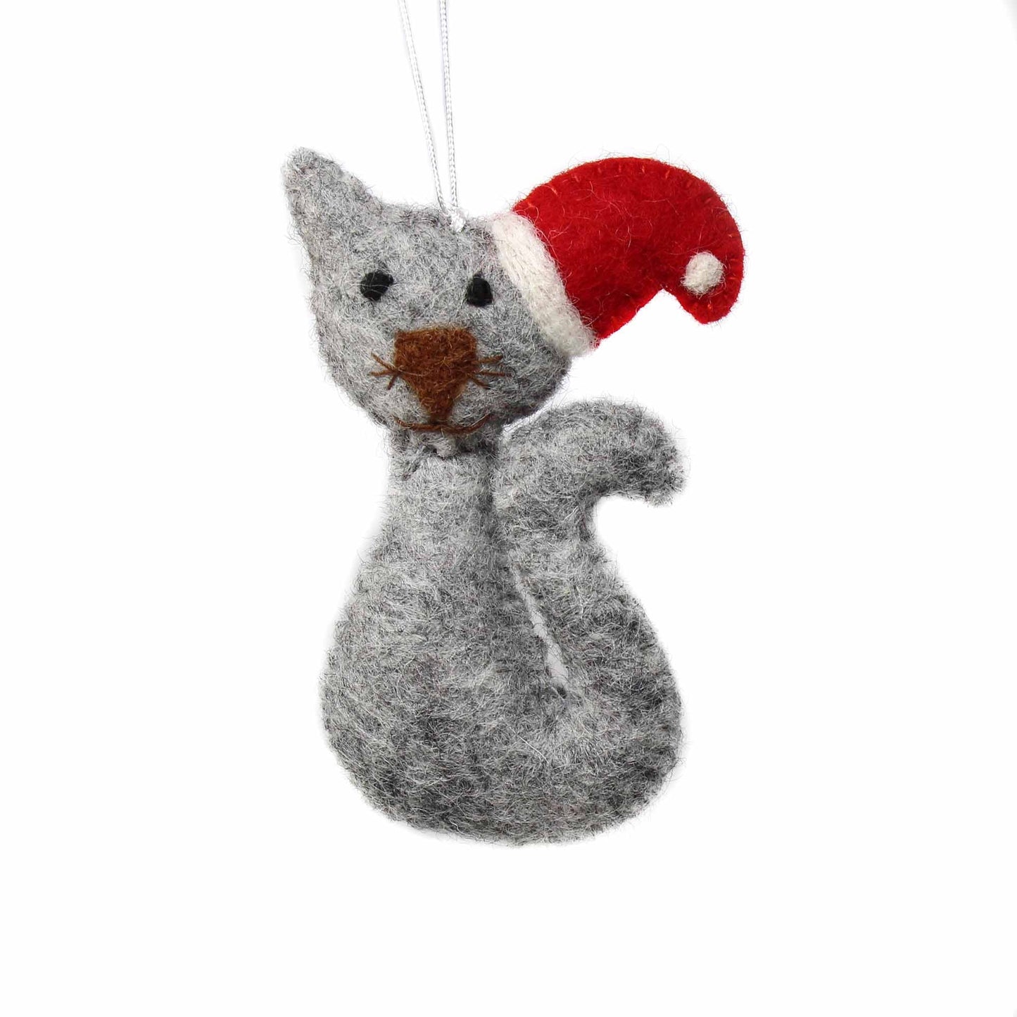 Hand-Felted Christmas Ornament- Cat in a Santa Hat- Fair Trade-Nepal