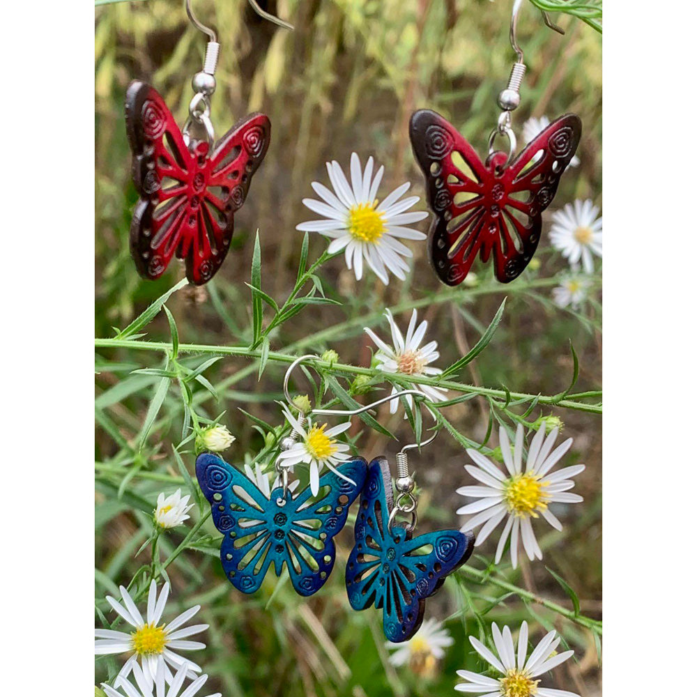 Hand-Carved Gourd Dangle Butterfly Earrings-Blue or Red-Hand-Painted-Fair Trade-Columbia