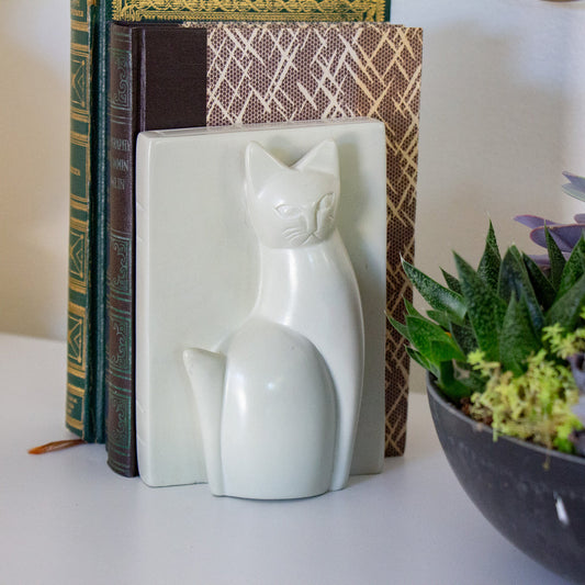 hand-carved-white majestic cat bookends fair trade imported from Kenya.