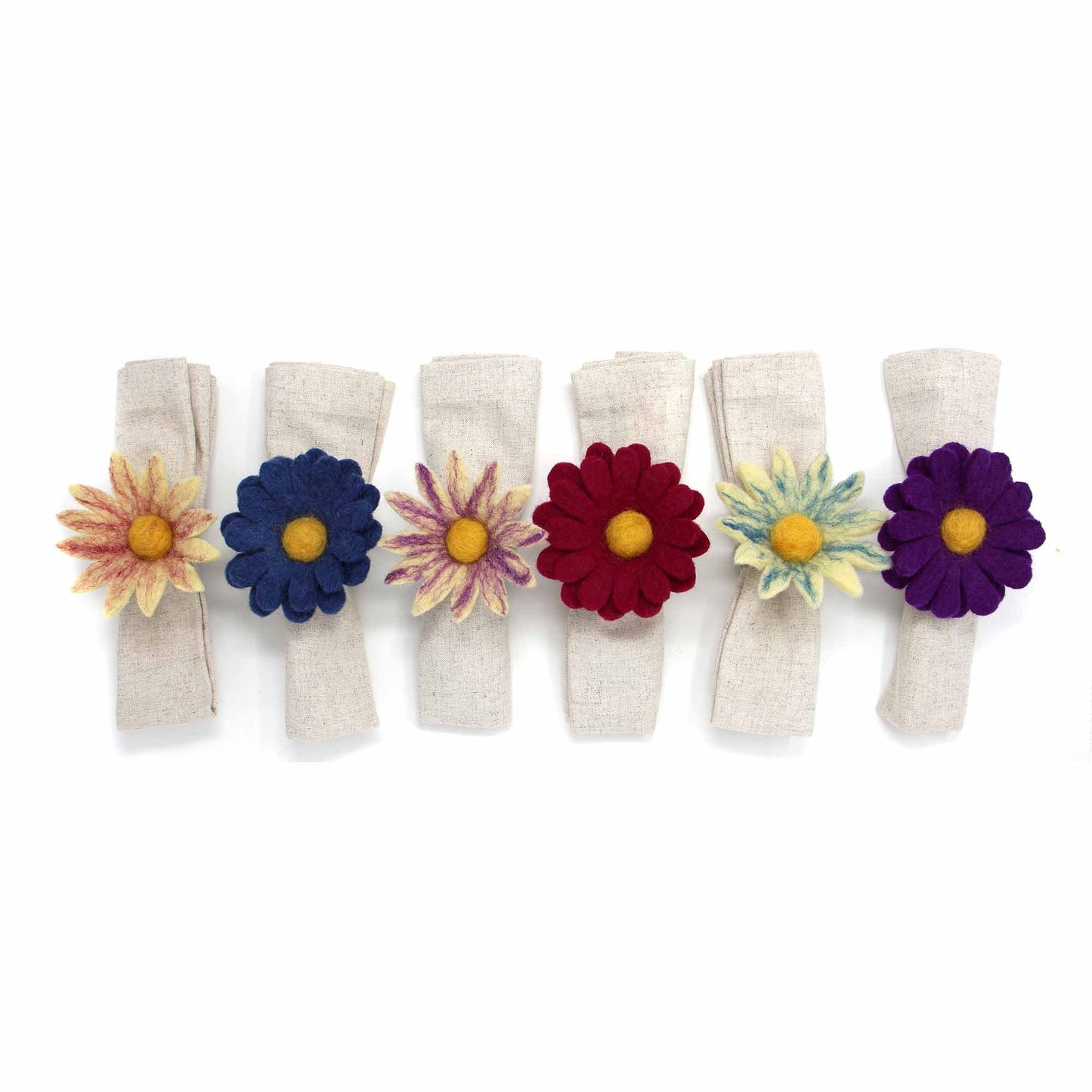 Set of 6 Napkin Rings-Hand Crafted Felt Daisies from Nepal-Assorted Colors