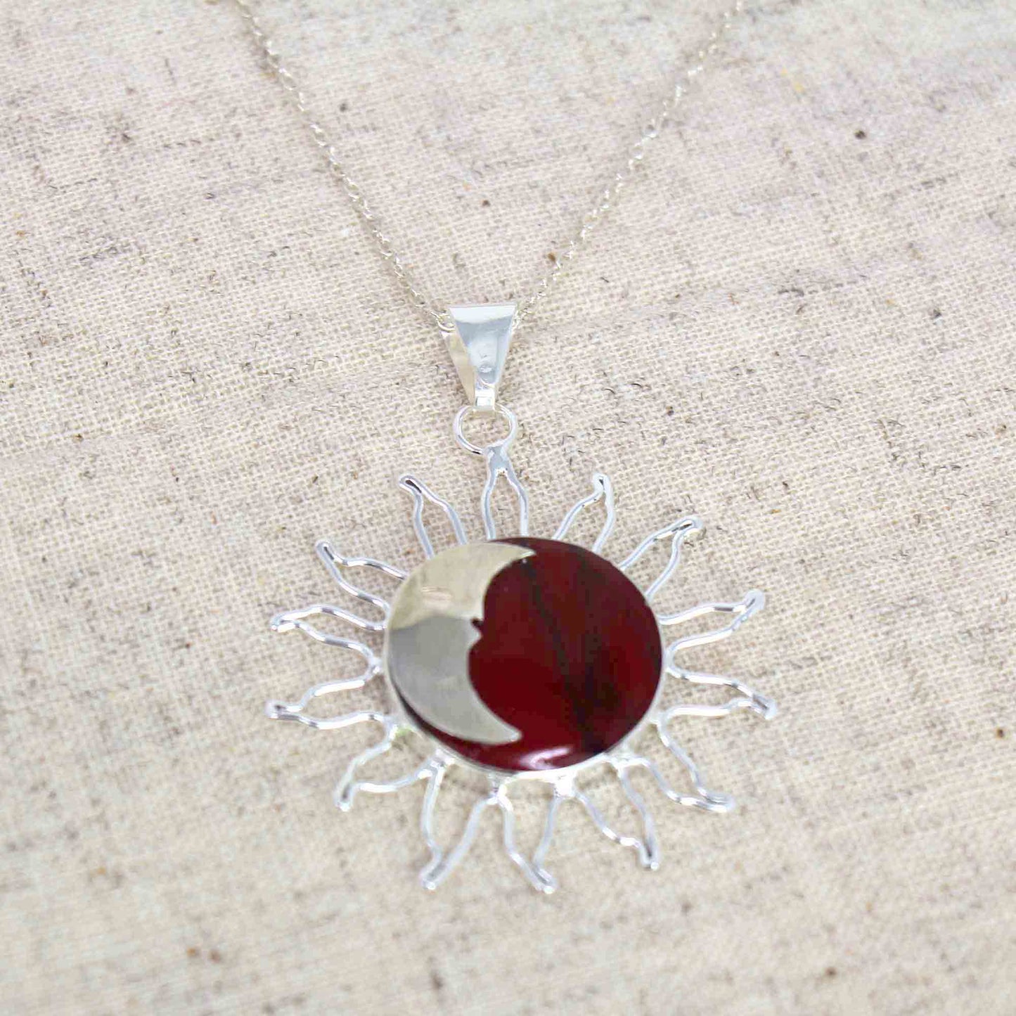 Red Jasper Moon and Silver Sun Pendant with Silver Chain- Fair Trade-Mexico