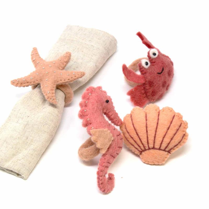 Hand-felted Seashore Napkin Rings- Set of Four Sea Creature Designs - Global Groove