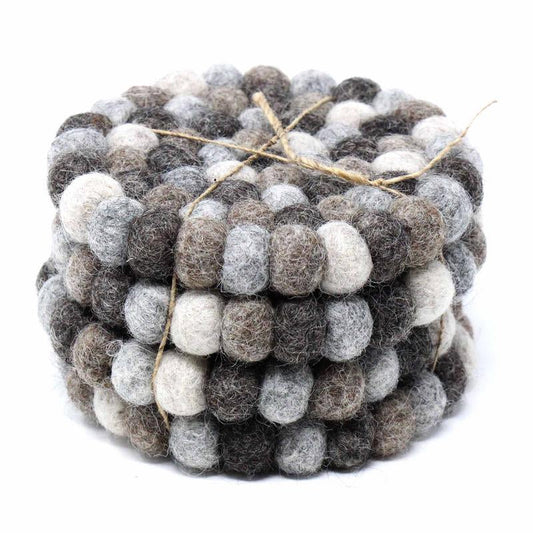 Hand Crafted Felt Ball Coasters from Nepal: 4-pack, Multicolor Greys - Global Groove