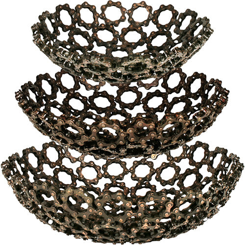 <center>Metal Bicycle Chain Bowls </br>Crafted by Artisans in India </br>Largest one measures 4” high with 12-1/2” diameter</center>