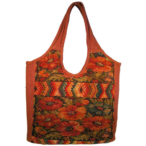 <center>Huipil Handbag w/ Magnetic Clasp - Overdyed w/ Brown Cloth <br>Measures: 14" high x 13" wide</center>