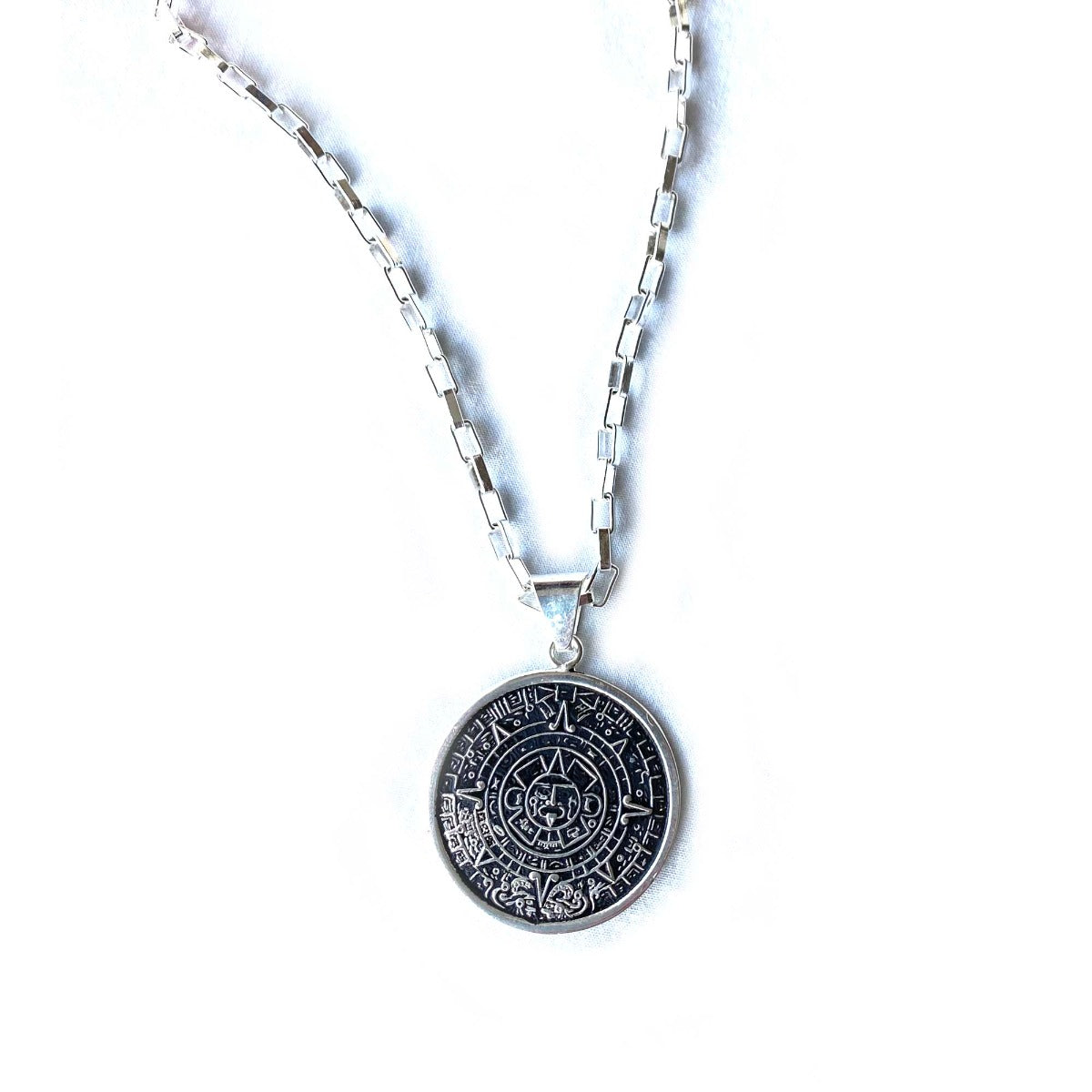 Alpaca Silver Aztec Calendar Pendant with 16" Chain