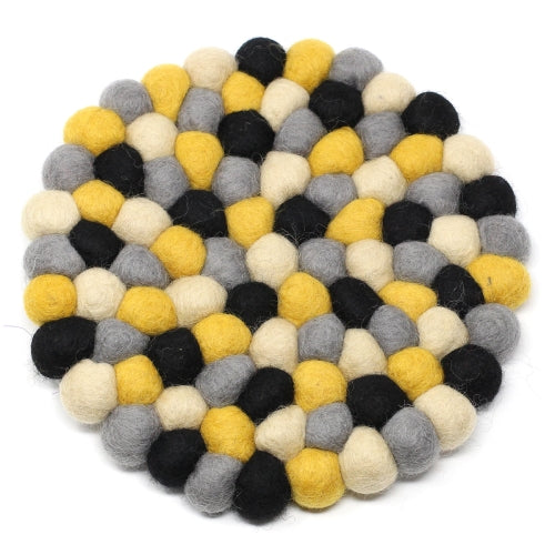 Hand Crafted Felt Ball Trivets from Nepal: Round, Mustard - Nepal