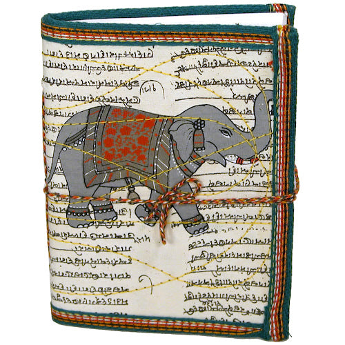 <center>Block-Printed and Stitched Cloth Diary with Elephant</br>Measures 4-1/2" wide x 6" high