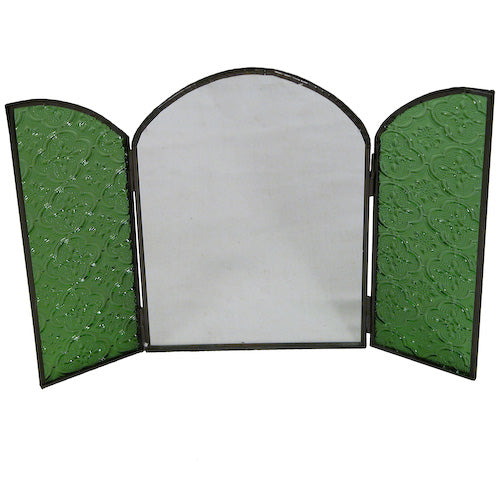 <center>Arched Mirror w/ Doors of Colored Glass - Green</br>Closed - Measures 5-3/4" wide x 8" high</br>Opened - Measures 11-1/4" wide x 8" high</center>