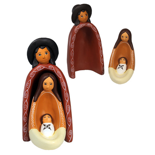 <center>Ceramic Nested Nativity, Joseph, Mary and Baby crafted by Artisans in Peru </br> Measures 5 5/8” high x 3” wide x 4 1/4'' deep</center>