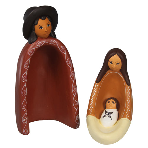 <center>Ceramic Nested Nativity, Joseph, Mary and Baby(separate) crafted by Artisans in Peru </br> Measures 5 5/8” high x 3” wide x 4 1/4'' deep</center>