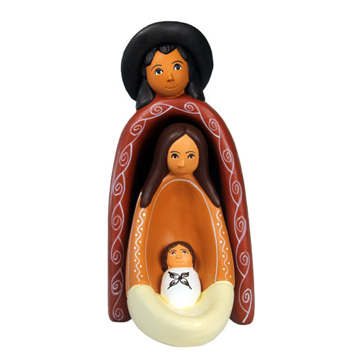 <center>Ceramic Nested Nativity, Joseph, Mary and Baby(together) crafted by Artisans in Peru </br> Measures 5 5/8” high x 3” wide x 4 1/4'' deep</center>