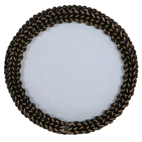 <center>Small Round Photo Frame made of Woven Chain</br>Interior Frame Measures 3-1/2" diameter</br>Entire Frame Measures 5" diameter x 2-1/2" deep<center>