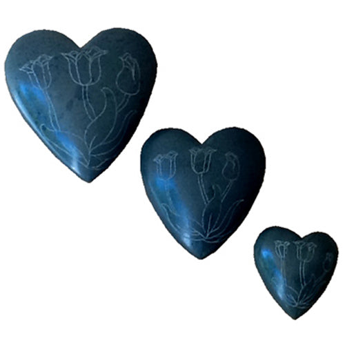 <center>Grey Soapstone Heart with Etched Tulips</br>Small, Medium and Large</br>Crafted by Artisans in Haiti</center>