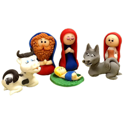 <center>6 Piece Marzipan Nativity<br>handmade in Ecuador by artisans at Camari<br>Joseph Measures 1 7/8" tall x 1 1/4" wide x 7/8" diameter<center/>