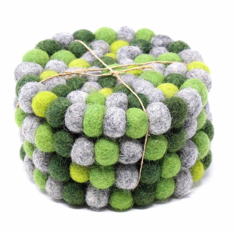 Hand Crafted Felt Ball Coasters from Nepal: 4-pack, Chakra Greens - Global Groove