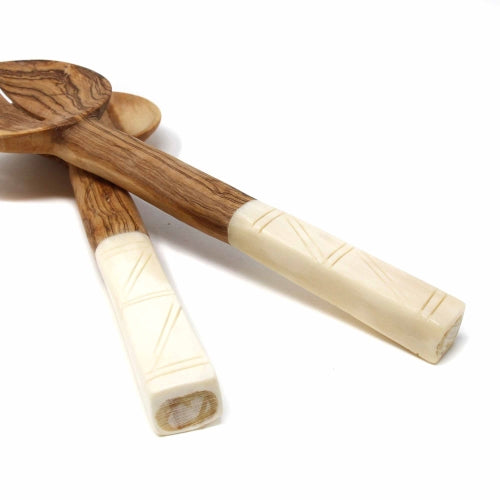 Olive Wood Salad Servers with White Square Etched Bone Handles